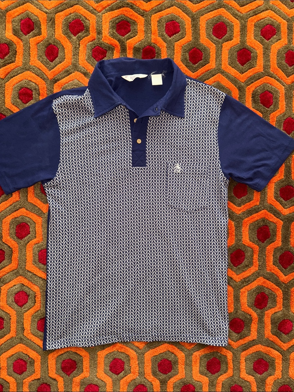 MAKE OFFER! Original Penguin Munsingwear Navy & White Geometric Polo shirt Men L